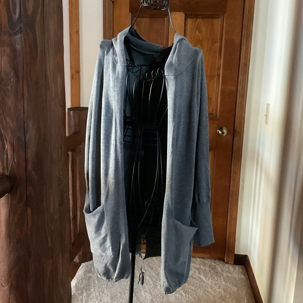 Falls Creek Gray Open Front Cardigan with Pockets, drawstring hem, large